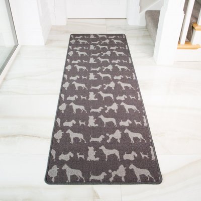 Grey Dog Print Non Slip Washable Kitchen Utility Mat 66x200cm