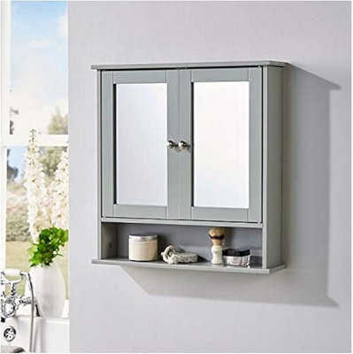 Grey Double Door Mirror With Shelf Bathroom Cabinet Wall Unit With Internal Shelf
