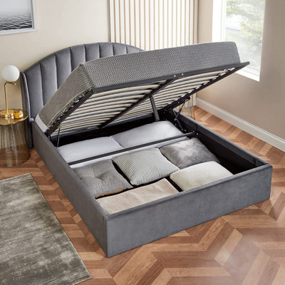 Grey Double Ottoman Bed With Curved Headboard Pocket Sprung Mattress