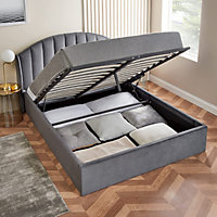 Grey Double Ottoman Bed With Curved Headboard & Wings