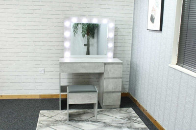 Grey Dressing Table with 4 Drawers Led Bulbs Lights Mirror Padded Stool (Stone Grey Effect)