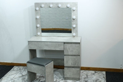 Grey Dressing Table with 4 Drawers Led Bulbs Lights Mirror Padded Stool ...