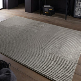 Grey Easy to Clean Modern Abstract Striped Living Room Dining Room Rug-120cm X 170cm