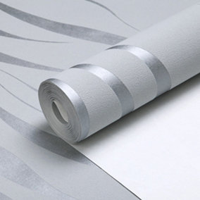 Grey Embossed Wallpaper Non Woven Wave Striped Wallpaper Silver Glitter Geometric Patterned Wallpaper