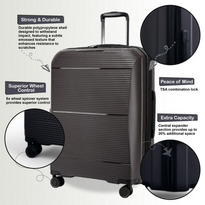 Grey Expandable Hard Shell PP 8 Wheel Luggage Travel Holiday Bags