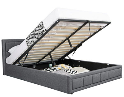 Grey Fabric Ottoman Storage Bed with Underneath Space, Wooden Sprung Slatted Gas Liftup Base in Small Double (4ft)