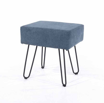 grey fabric upholstered rectangular stool with black metal legs