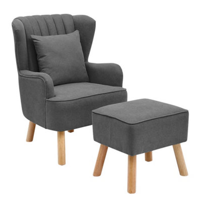 Grey Fabric Upholstered Wing Back Armchair Sofa Chair with Ottoman Footstool