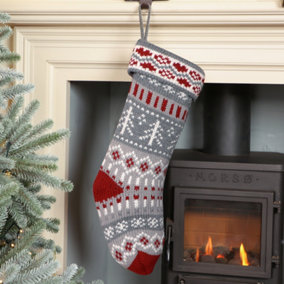 Grey Fair Isle Nostalgia Knit Xmas Gift Decoration Christmas Stocking