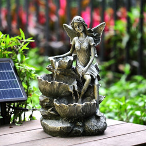 Grey Fairy LED Lighted Resin Garden Water Fountain Water Feature with Solar Panel