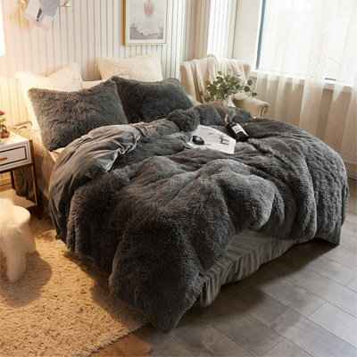 Grey Faux Fur Soft Duvet Cover Set