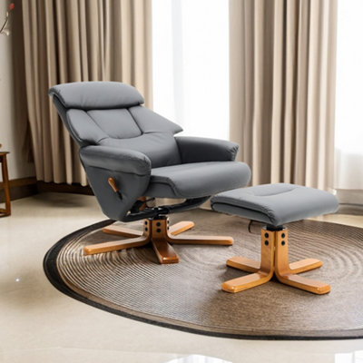 Grey Faux Leather Swivel Seat Lounge Armchair Recliner Chair Sofa Chair with Foot Stool