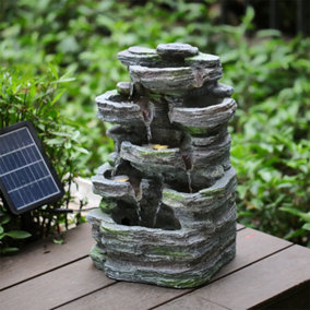 Grey Faux Rock Solar Power Resin Garden Water Fountain Water Feature with LED Lights