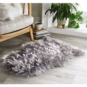Grey Faux Sheepskin Rug - Deep Pile Fluffy Shaggy Area Rugs or Sofa Chair Bench Cover Throw - Measures 90 x 60cm