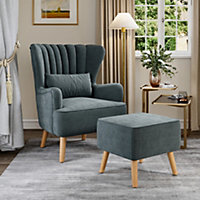 Grey Faux Wool Upholstered Wing Back Occasional Armchair Sofa Chair With Footstool