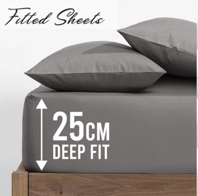 Grey Fitted Sheet Luxury Bed Room Soft Easy Care 25CM Deep Fitted Sheet Single Double S. King Sizes