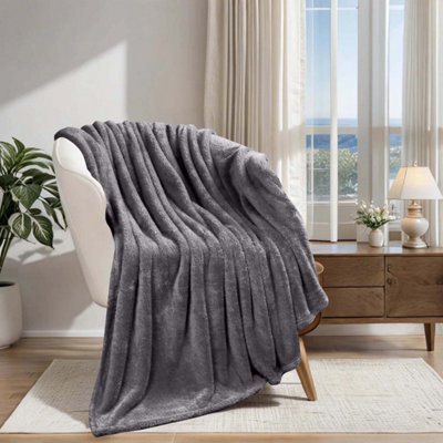 Grey Fleece Blanket Sofa Couch Throw Breathable Soft Mink Travel