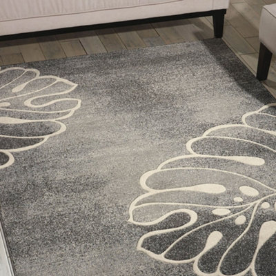 Grey Floral Luxurious Modern Easy to clean Rug For Bedroom & Living Room-66 X 229cm (Runner)