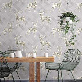Grey Floral Stag Wallpaper Geometric Pattern Beige Non-Woven Paste The Wall