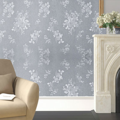 Grey Floral Wallpaper 3D Rose Flower Patterned PVC Self Adhesive Wallpaper 2.25m²