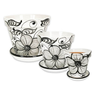 Grey Flowers Hand Painted Set of 3 Classic Pots & Drainage Plates (D) 16-29cm