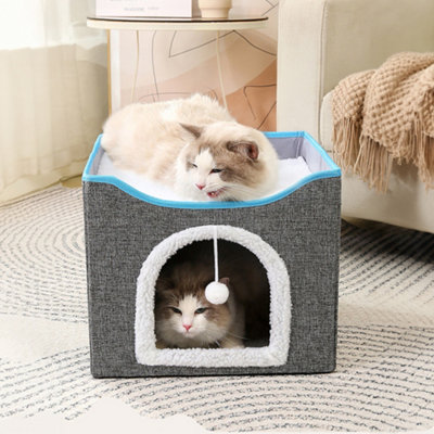 Grey Foldable Cat Cave Kitten Igloo Pet Bed with Scratching Pad DIY at B Q