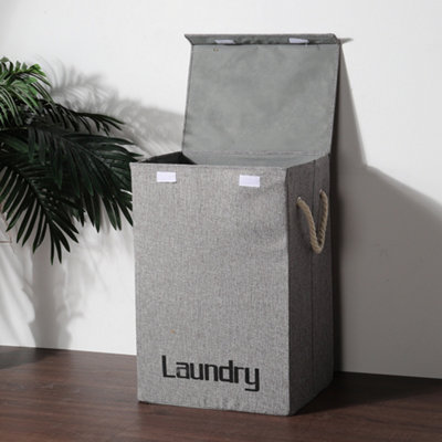 Grey Folding Linen Laundry Hamper Basket Clothes Storage Bin with Lid and Handles