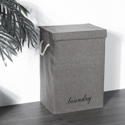 Grey Folding Linen Laundry Hamper Storage Basket with Lid and Rope Handles