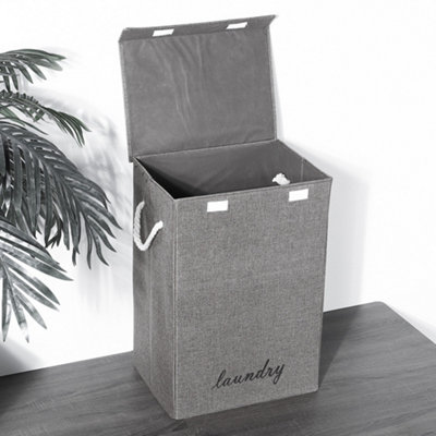 Grey Folding Linen Laundry Hamper Storage Basket with Lid and Rope Handles