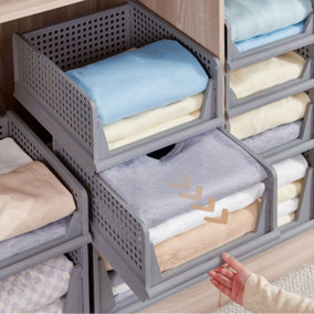 Grey Folding Stackable Plastic Wardrobe Storage Box Clothes Drawer Organizer 38cm W x 43cm D x 19cm H