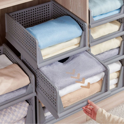 Grey Folding Stackable Plastic Wardrobe Storage Box Clothes Drawer Organizer 38cm (W) x 43cm (D) x 25cm (H)