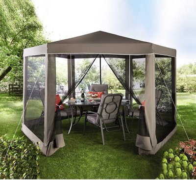 Grey Garden Gazebo Easy To Assemble Hexagonal Large Summer Outdoor Seating Area with Roof and Mesh Sides H345 x W360cm DIY at B Q