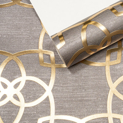 Grey Geometric Pattern Wallpaper Textured Gold Metallic Foiled Vinyl ...