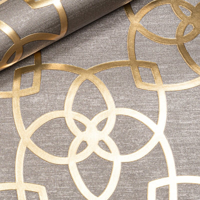 Grey Geometric Pattern Wallpaper Textured Gold Metallic Foiled Vinyl ...