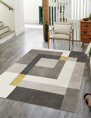 Grey Geometric Striped 8mm Thick Rug For Living Room, Bathroom, Stain-Resistant Anti-Shed Modern Rug - 160cm X 230cm