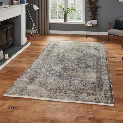 Grey Geometric Traditional Easy to Clean Geometric Dining Room Rug-120cm X 170cm