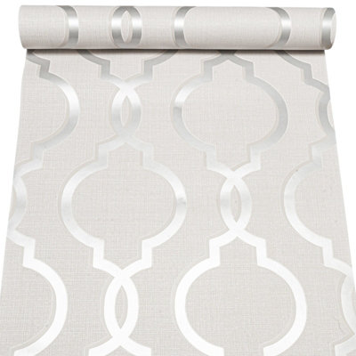 Grey Geometric Trellis Wallpaper Silver Glitter Metallic Shimmer Textured