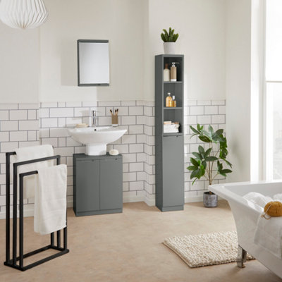 Grey Gloss Bathroom Storage Tallboy Cabinet