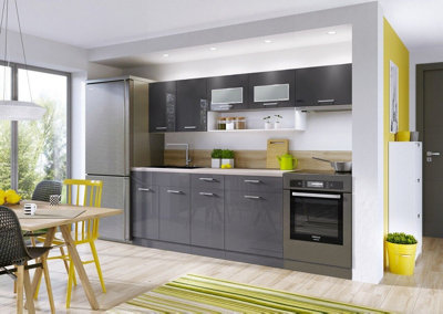 Grey Gloss Kitchen 6 Unit Legs Soft Close Cabinets High Acrylic Finish 2.4m Luxe