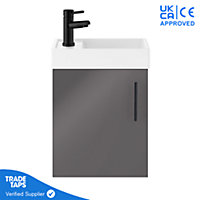 Grey Gloss Wall Hung Vanity Unit 400mm with Black Tap, Waste & Handle