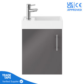 Grey Gloss Wall Hung Vanity Unit 400mm with Chrome Tap, Waste & Handle
