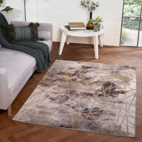 Grey Gold Abstract Modern Abstract Easy to Clean Rug For Dining Room Bedroom Living Room-80cm X 150cm