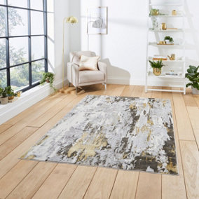 Grey Gold Abstract Modern Easy To Clean Abstract Rug For Dining Room-120cm X 170cm