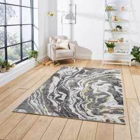 Grey Gold Abstract Modern Easy To Clean Rug For Dining Room-120cm X 170cm