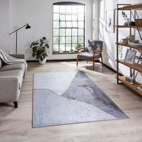 Grey Gold Abstract Modern Rug Easy to clean Living Room Bedroom and Dining Room-120cm X 170cm