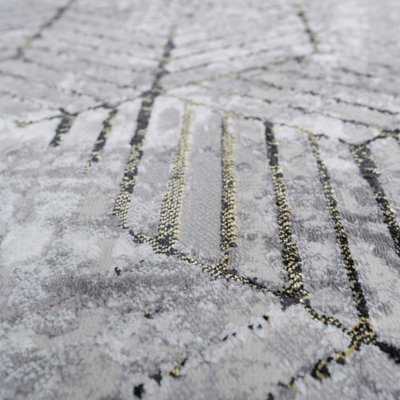 Grey Gold Distressed Abstract Metallic Geometric Living Area Rug 160x230cm