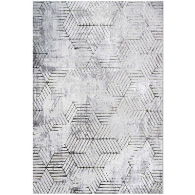 Grey Gold Distressed Abstract Metallic Geometric Living Area Rug 160x230cm