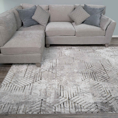 Grey Gold Distressed Abstract Metallic Geometric Living Area Rug 190x280cm