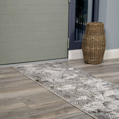 Grey Gold Distressed Abstract Metallic Geometric Living Runner Rug 70x240cm