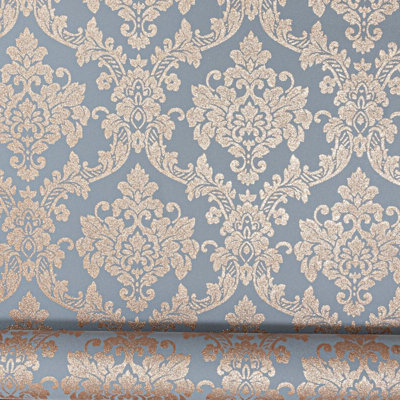 Grey Gold Glitter Wallpaper Oriental Floral Damask Shimmer Vinyl